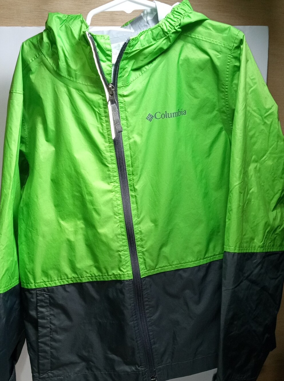 Columbia Boys Colorblock Hood Windbreaker Jacket Green/Gray Full Zip Small Sz 8